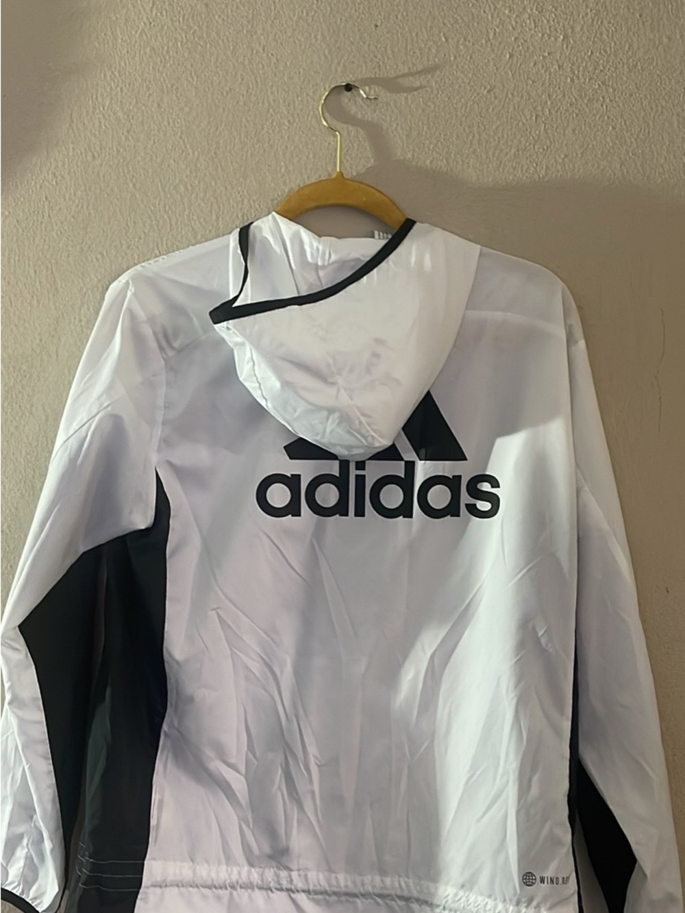 adidas White and Black Hooded Windbreaker Jacket with Logo